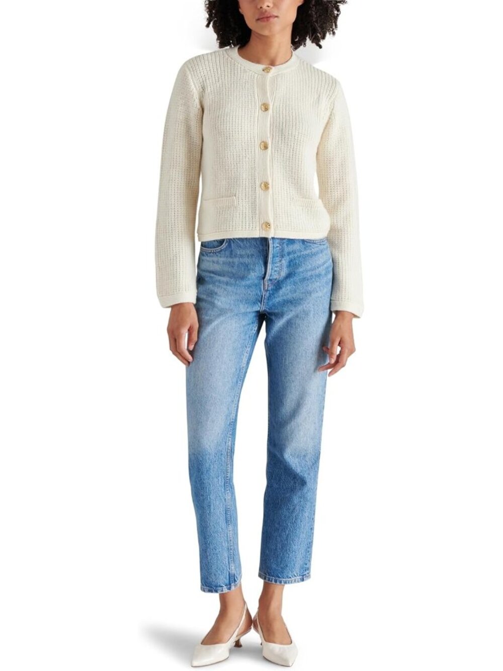 Steve Madden Women's Ivory Apparel Fantino Knit Button Closure Sweater Jackets